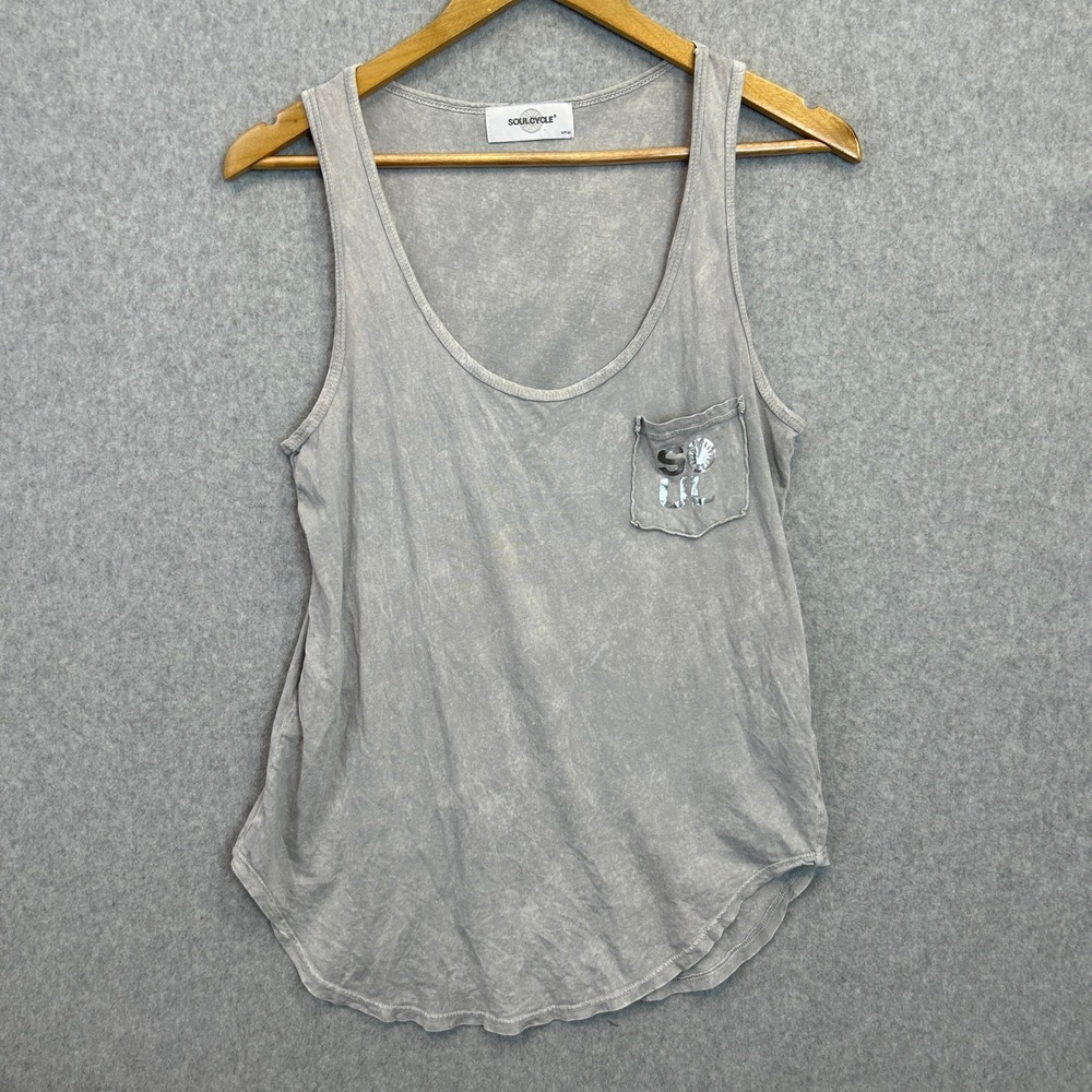 SoulCycle Tank Top Grey Mineral Wash Silver Foil Logo Pocket Sporty Womens Small